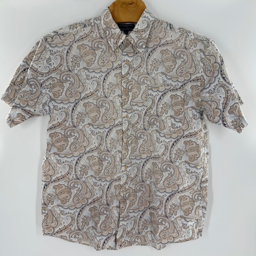 Hathaway Sport Mens XL Paisley Button Down Shirt Short Sleeve Tan Blue Neutral